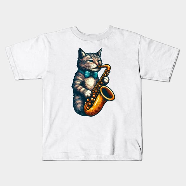 tabby cat playing saxophone Kids T-Shirt by Arteria6e9Vena